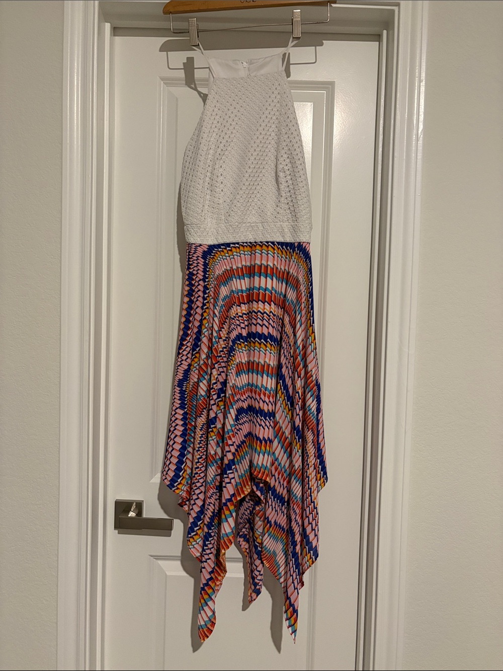 Bison Bisou Crochet Halter Dress with Multicolor Handkerchief Skirt